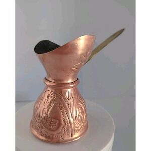 Vintage Copper Turkish Coffee Pot Cezve Small Long Handle Embossed Brass Decor